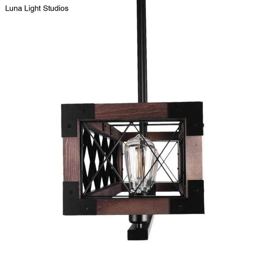 Vintage Metal Island Lamp: Rectangular 5-Bulb Pendant Light In Black With Wood Frame