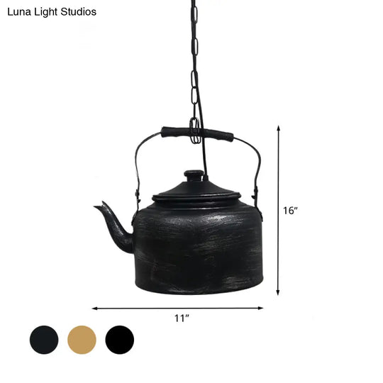Vintage Metal Teapot Restaurant Pendant Ceiling Lamp With Led In Black/Gold/Matte Black Finish