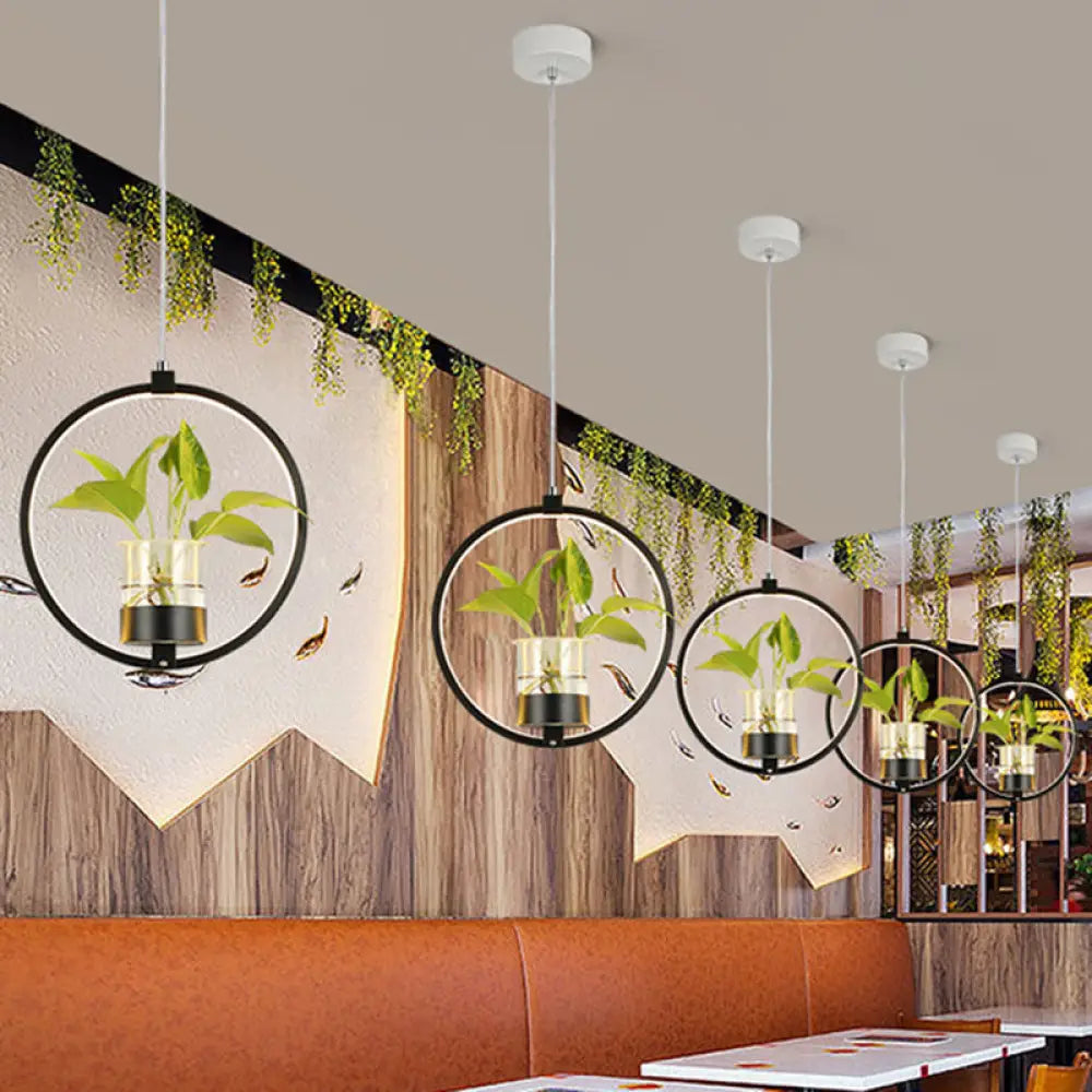 Vintage Metal Led Pendant Light: Circle Hanging Bulb Fixture For Restaurants - Black/Grey/White