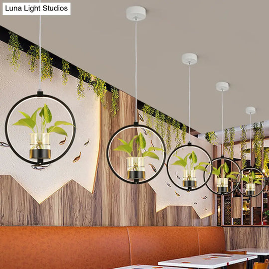Vintage Metal Led Pendant Light For Restaurants - Black/Grey/White Circle Hang Fixture With 1 Bulb