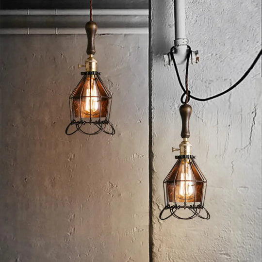 Vintage Metal Mini Cage Pendant Wall Light With Petal Shade - Rust Finish