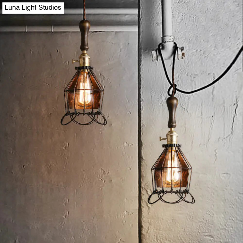 Vintage Metal Mini Cage Wall Lighting Pendant Ceiling Light With Petal Shade And Rust Finish