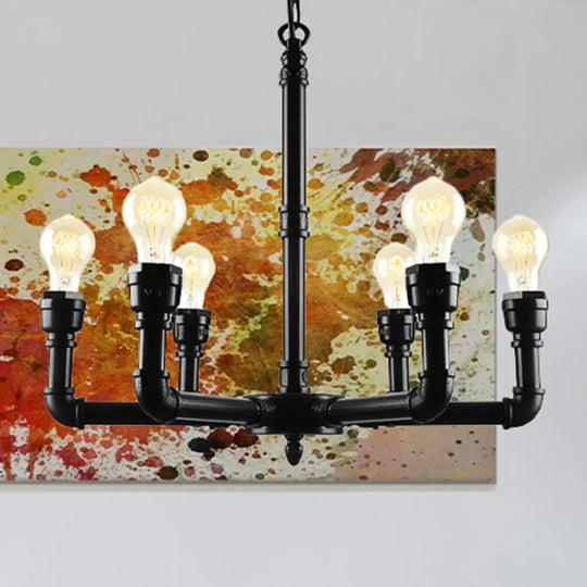 Vintage Metal Pendant Chandelier Lamp: 3/6 Heads Bare Bulb Design With Water Pipe Accent - Black 6 /