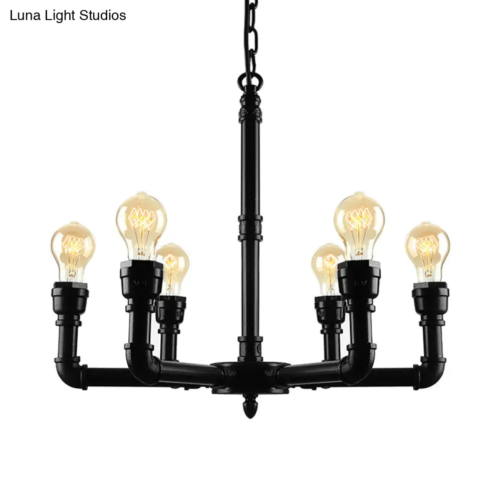 Vintage Metal Pendant Chandelier Lamp: 3/6 Heads Bare Bulb Design With Water Pipe Accent - Black