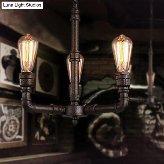 Vintage Metal Pendant Chandelier Lamp: 3/6 Heads Bare Bulb Design With Water Pipe Accent - Black