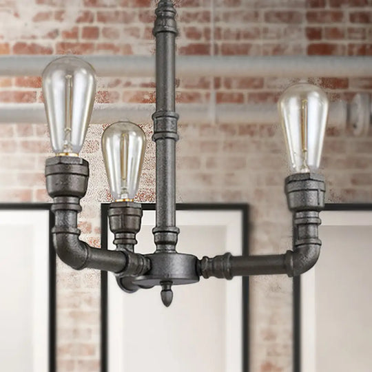 Vintage Metal Pendant Chandelier Lamp: 3/6 Heads Bare Bulb Design With Water Pipe Accent - Black 3 /