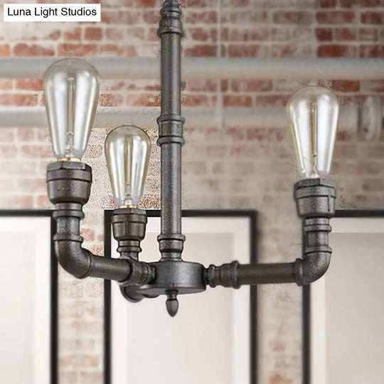 Vintage Metal Pendant Light With Water Pipe And Bare Bulbs - 3/6 Heads Hanging Chandelier In Black 3