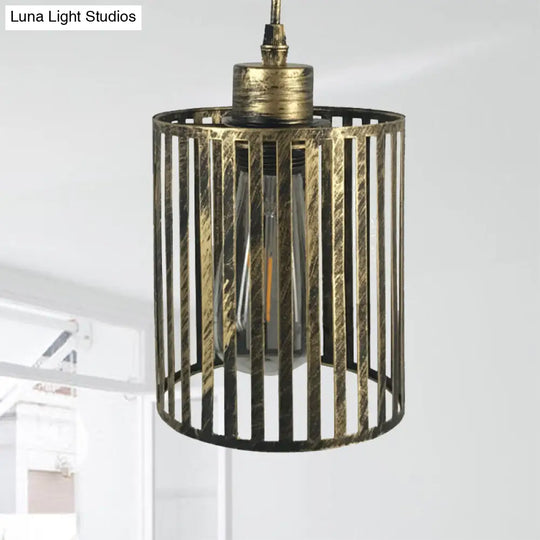 Aged Brass Pendant Ceiling Light With Vintage Cage Shade - 1 Restaurant Lamp Antique / Cylinder