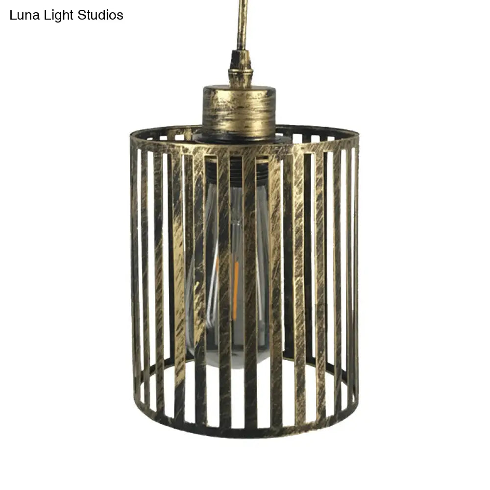Aged Brass Pendant Ceiling Light With Vintage Cage Shade - 1 Restaurant Lamp