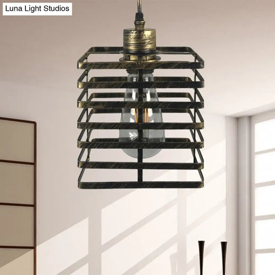 Aged Brass Pendant Ceiling Light With Vintage Cage Shade - 1 Restaurant Lamp Antique / Square