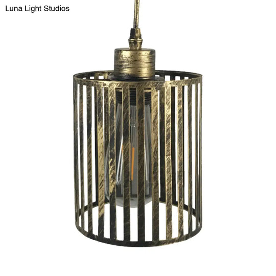 Vintage Metal Pendant Lamp With Aged Brass Cylinder Shade - Restaurant Ceiling Light