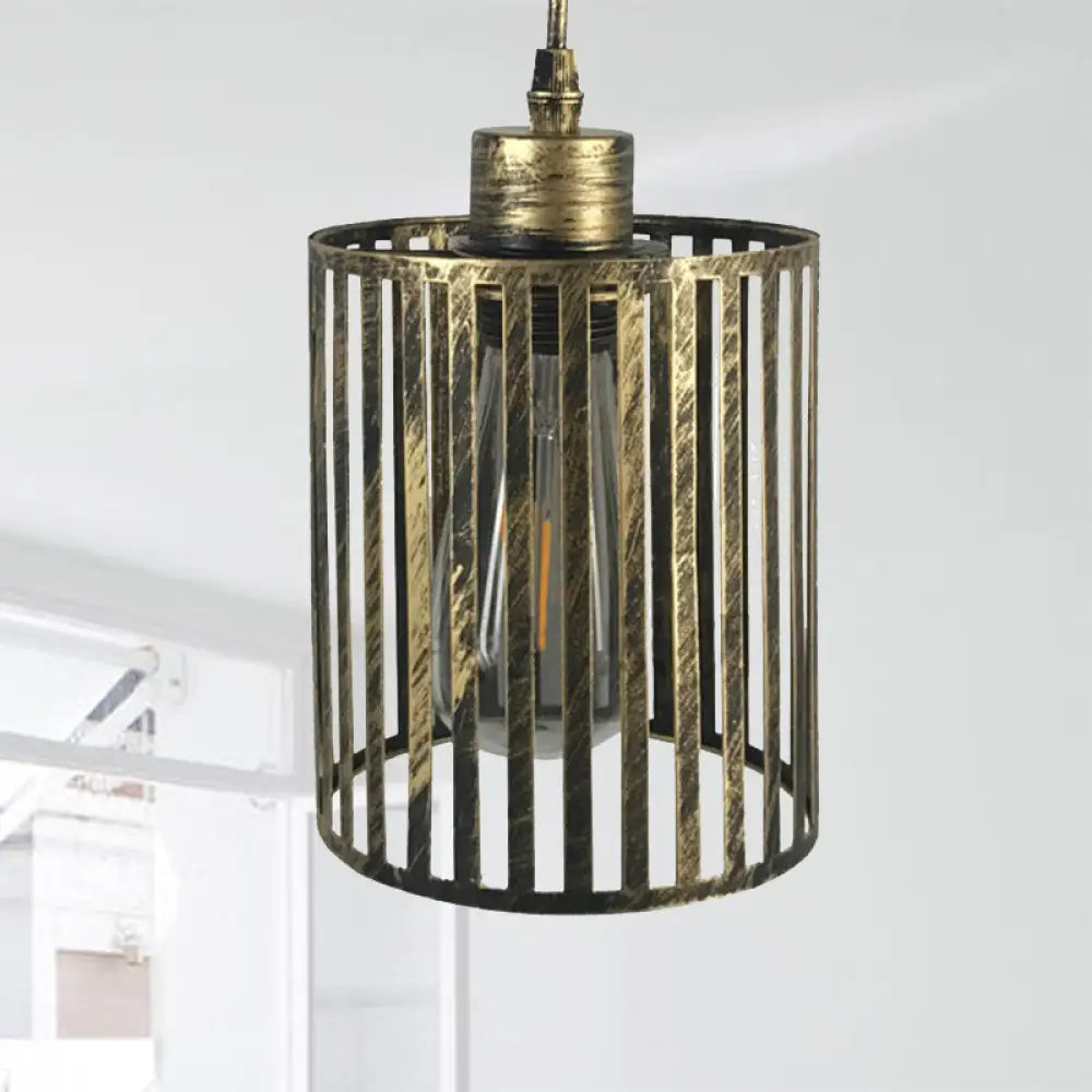 Vintage Metal Pendant Lamp With Aged Brass Cylinder Shade - Restaurant Ceiling Light Antique /