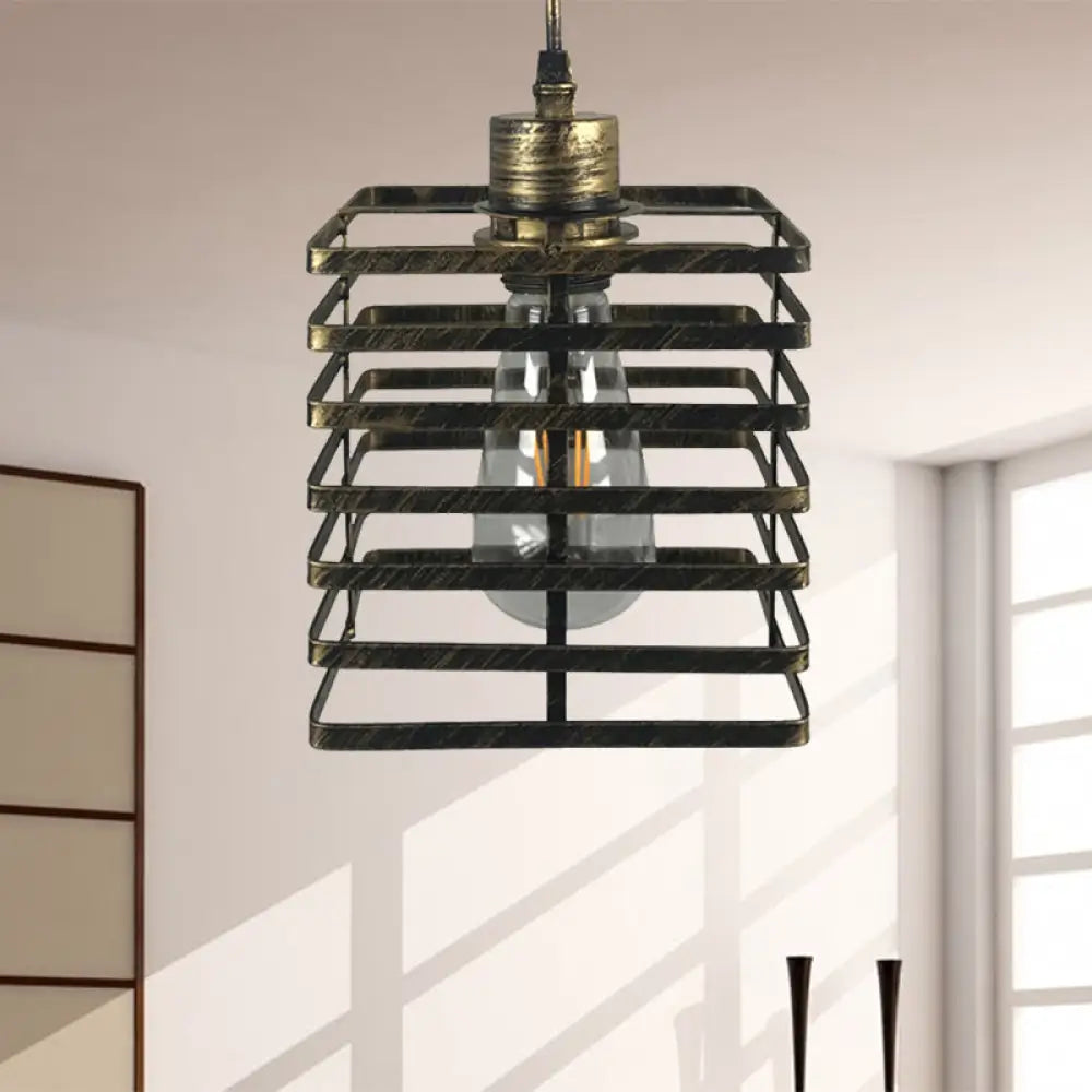 Vintage Metal Pendant Lamp With Aged Brass Cylinder Shade - Restaurant Ceiling Light Antique /