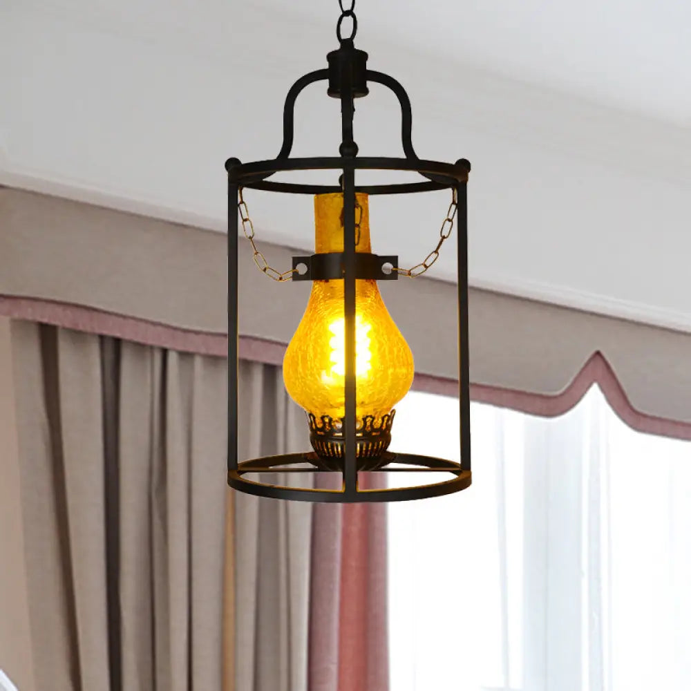 Vintage Metal Pendant Light With Black Cylinder Cage Shade - 1-Light Dining Room Hanging Lamp