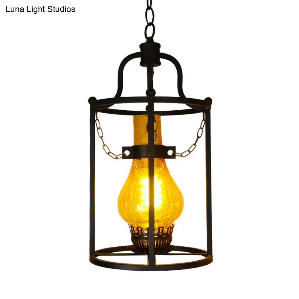 Vintage Metal Pendant Light With Black Cylinder Cage Shade - 1-Light Dining Room Hanging Lamp