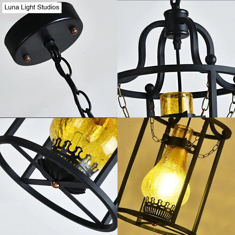 Black Metal Cage Pendant Light - Vintage Industrial Kitchen Dining Lamp