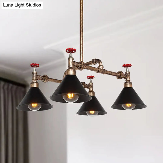 Vintage Metal Pendant Lighting - Stylish Cone Shade Chandelier Fixture With Red Valve (4/6 Lights)