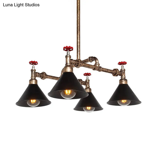 Vintage Metal Pendant Lighting - Stylish Cone Shade Chandelier Fixture With Red Valve (4/6 Lights)