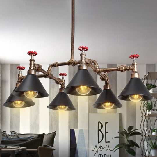 Vintage Metal Pendant Lighting - Stylish Cone Shade Chandelier Fixture With Red Valve (4/6 Lights)