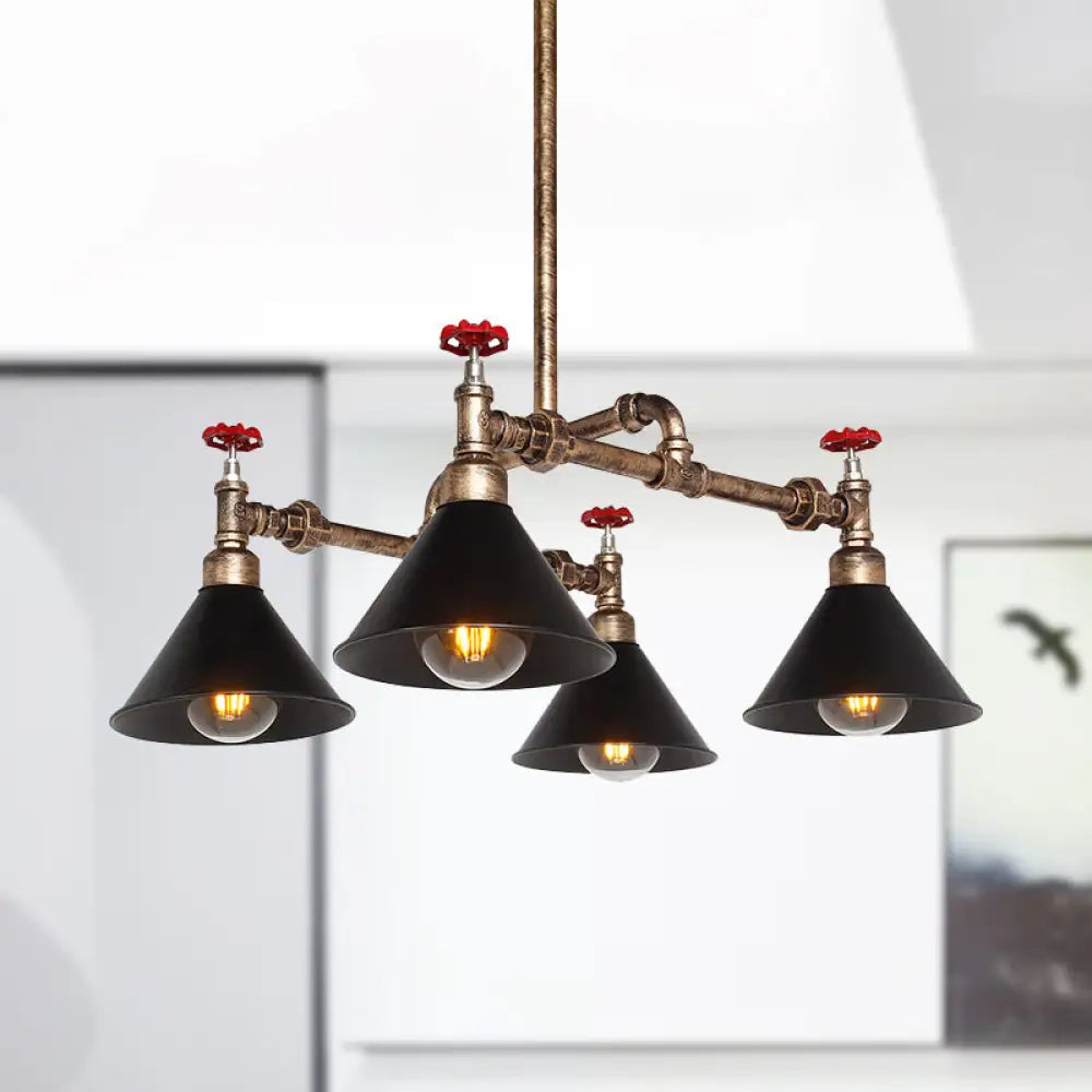 Vintage Metal Pendant Lighting - Stylish Cone Shade Chandelier Fixture With Red Valve (4/6 Lights)