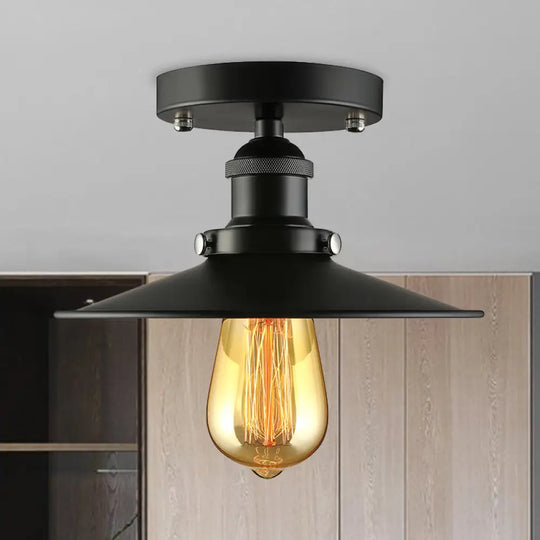 Vintage Metal Semi Flush Light With Black/Brass Flat Shade For Kitchen - 1 Bulb Black