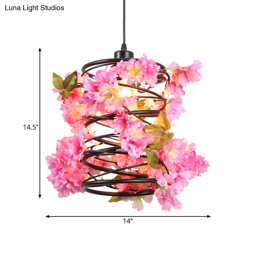 Vintage Metal Spiral Pendant Ceiling Light With Led Flower Design In Black