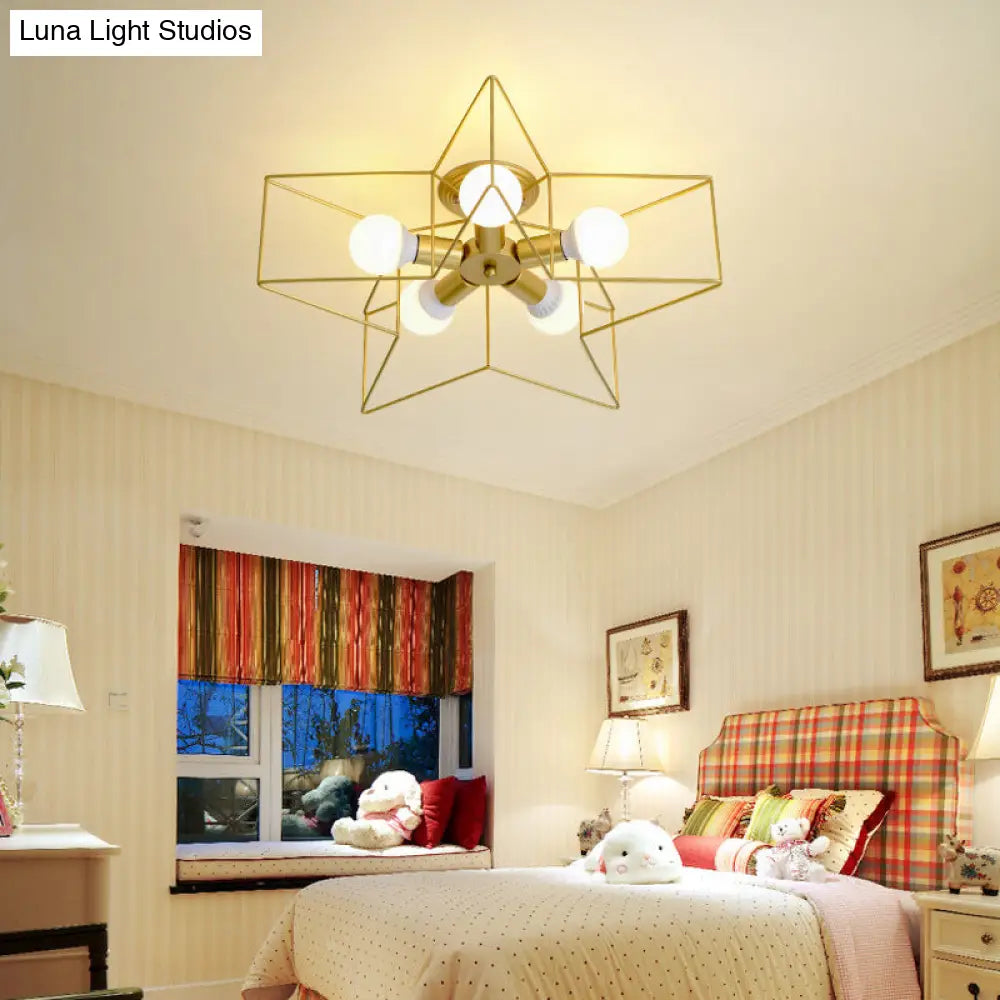 Vintage Metal Star Shaped Bedroom Ceiling Lamp - Semi Flush Mount With 5 Bulbs