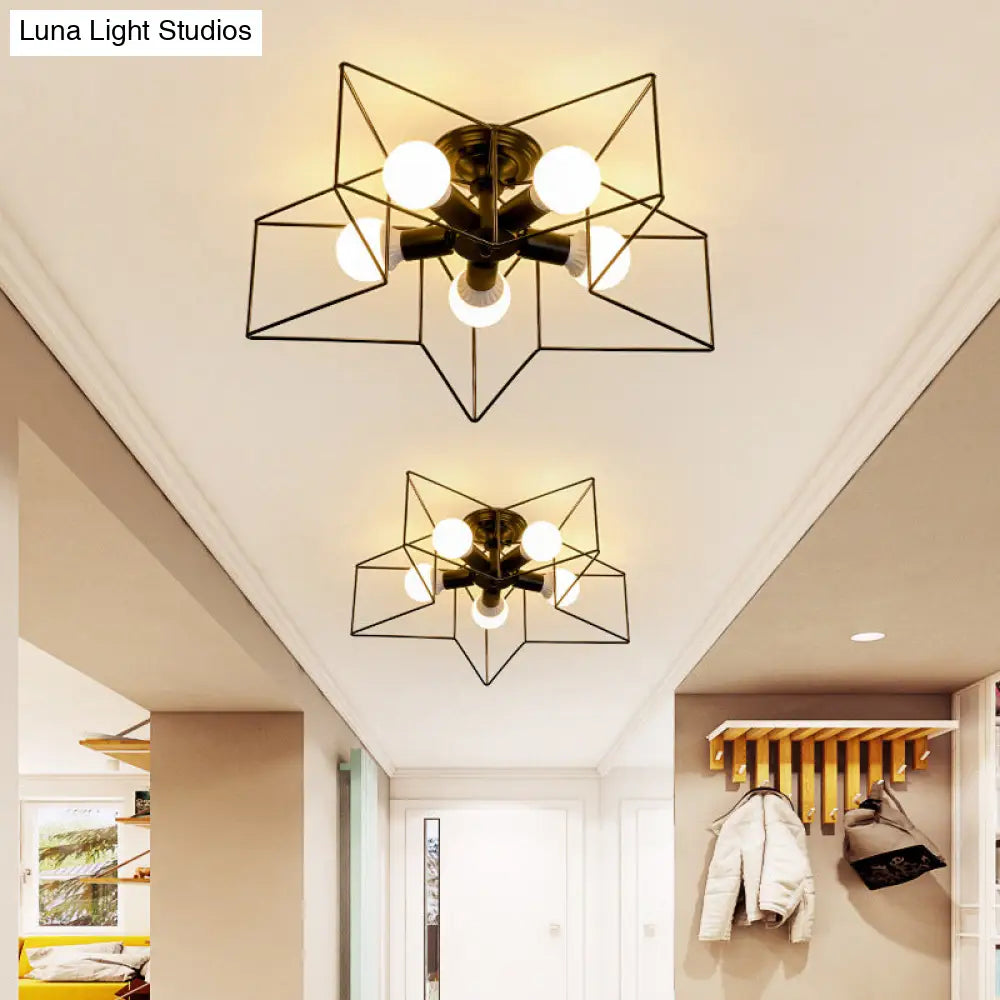 Vintage Metal Star Shaped Bedroom Ceiling Lamp - Semi Flush Mount With 5 Bulbs