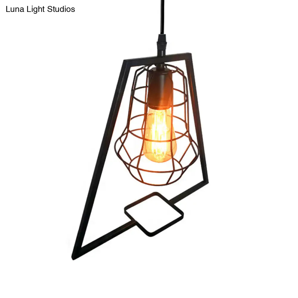 Trapezoid Vintage Metal Pendant Light For Living Room Black Cage Ceiling Fixture