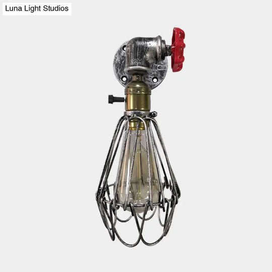 Vintage Metal Wall Lamp With Valve Deco - Conical Cage Sconce Light Fixture