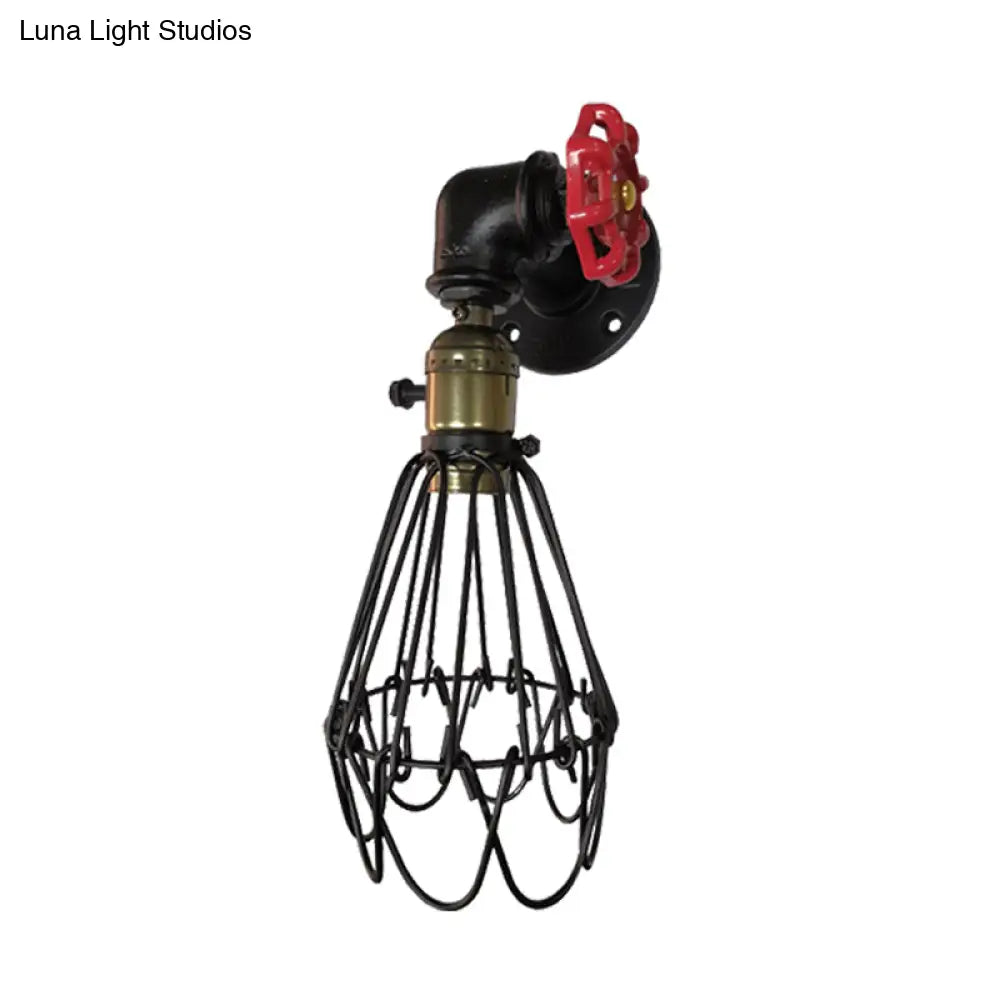 Vintage Metal Wall Lamp With Valve Deco - Conical Cage Sconce Light Fixture