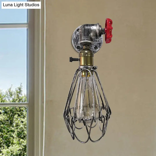 Vintage Metal Wall Lamp With Valve Deco - Conical Cage Sconce Light Fixture