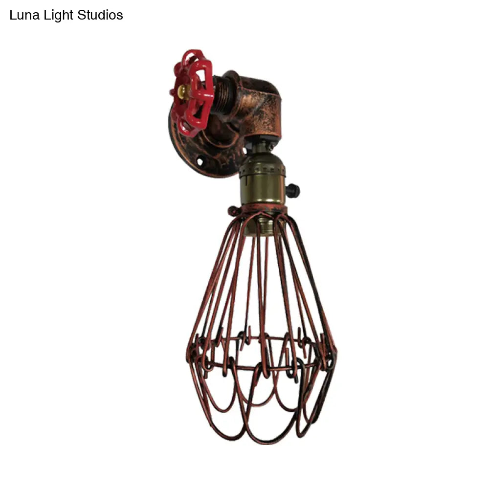 Vintage Metal Wall Lamp With Valve Deco - Conical Cage Sconce Light Fixture