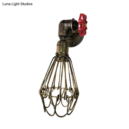 Vintage Metal Wall Lamp With Valve Deco - Conical Cage Sconce Light Fixture