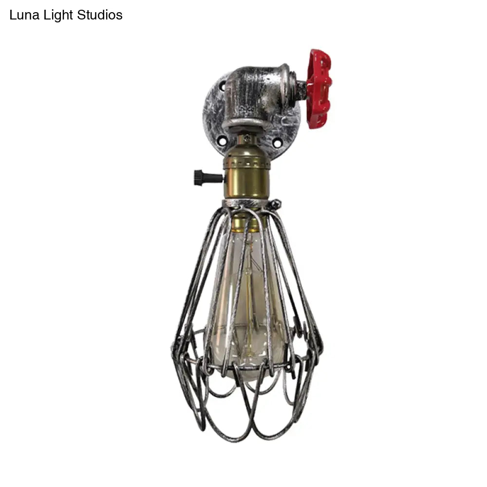 Vintage Metal Wall Lamp With Valve Deco - Conical Cage Sconce Light Fixture