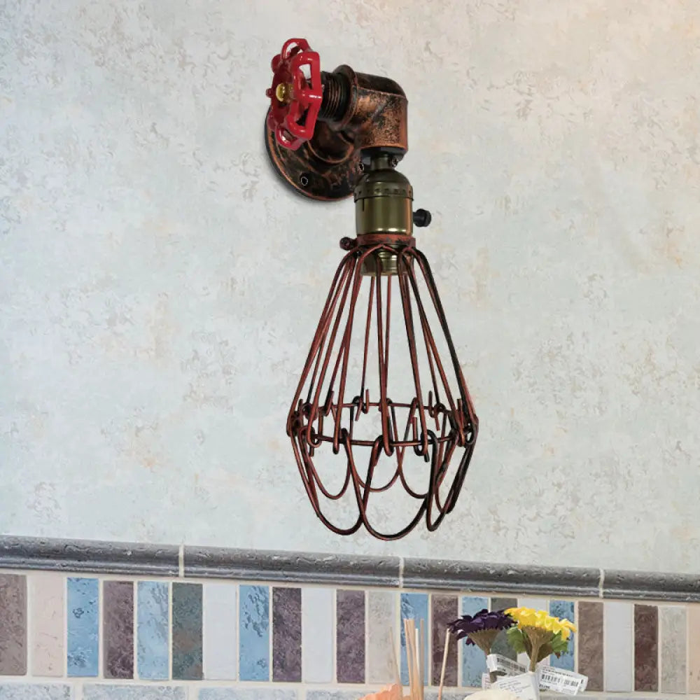 Vintage Metal Wall Lamp With Valve Deco - Conical Cage Sconce Light Fixture Rust