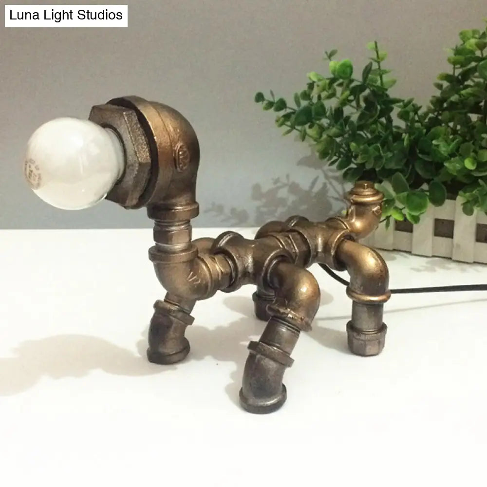 Vintage Metallic Brass Robot Design Table Lamp - Unique Coffee Shop Light With Plumbing Pipe Accent