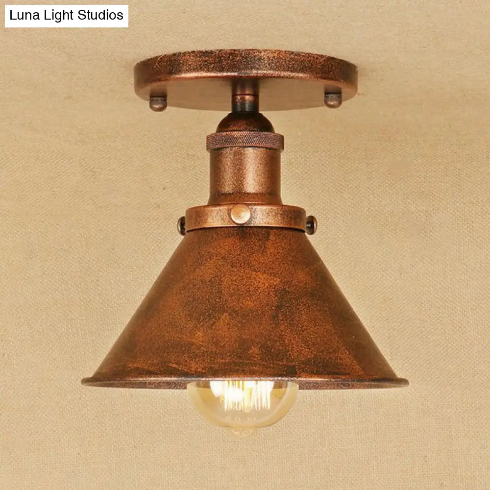 Vintage Metallic Conical Semi-Flush Light In Brass/Copper - Perfect For Hallways
