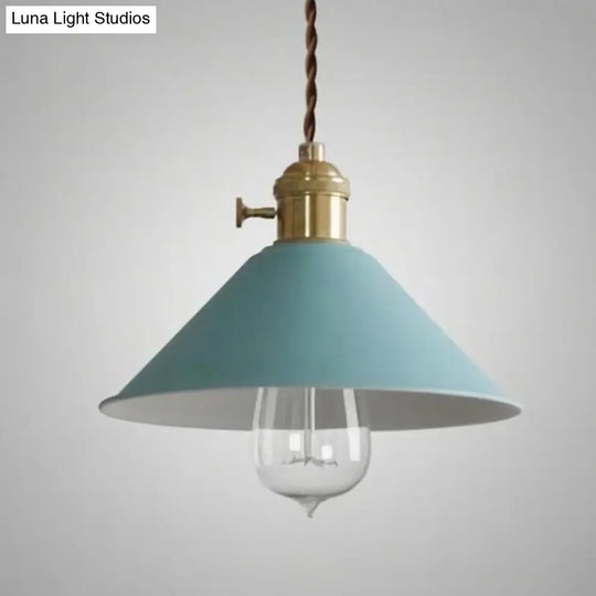 Vintage Metallic Hanging Lamp With Conical Shade - Single-Bulb Pendant Light For Restaurant Blue