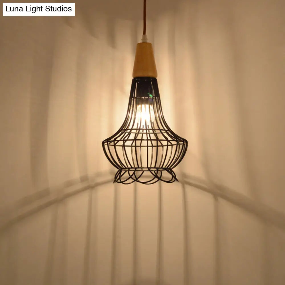 Vintage Metallic Cage Pendant Lamp With Black Finish And One Head For Ceiling Hanging -