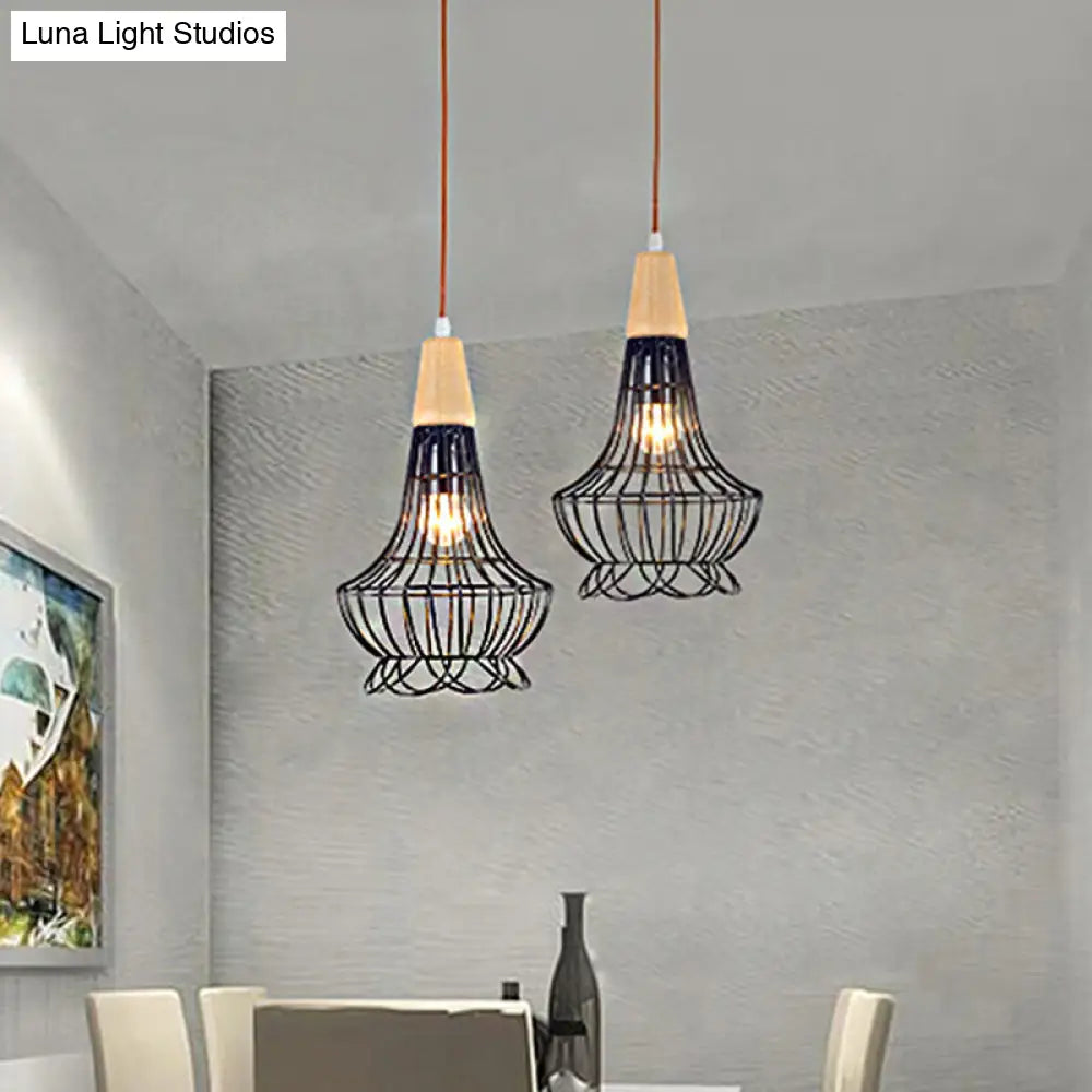 Vintage Metallic Cage Pendant Lamp With Black Finish And One Head For Ceiling Hanging -