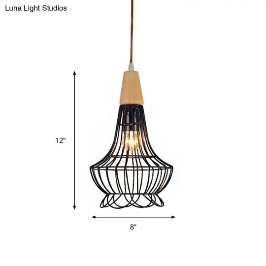 Vintage Metallic Cage Pendant Lamp With Black Finish And One Head For Ceiling Hanging -