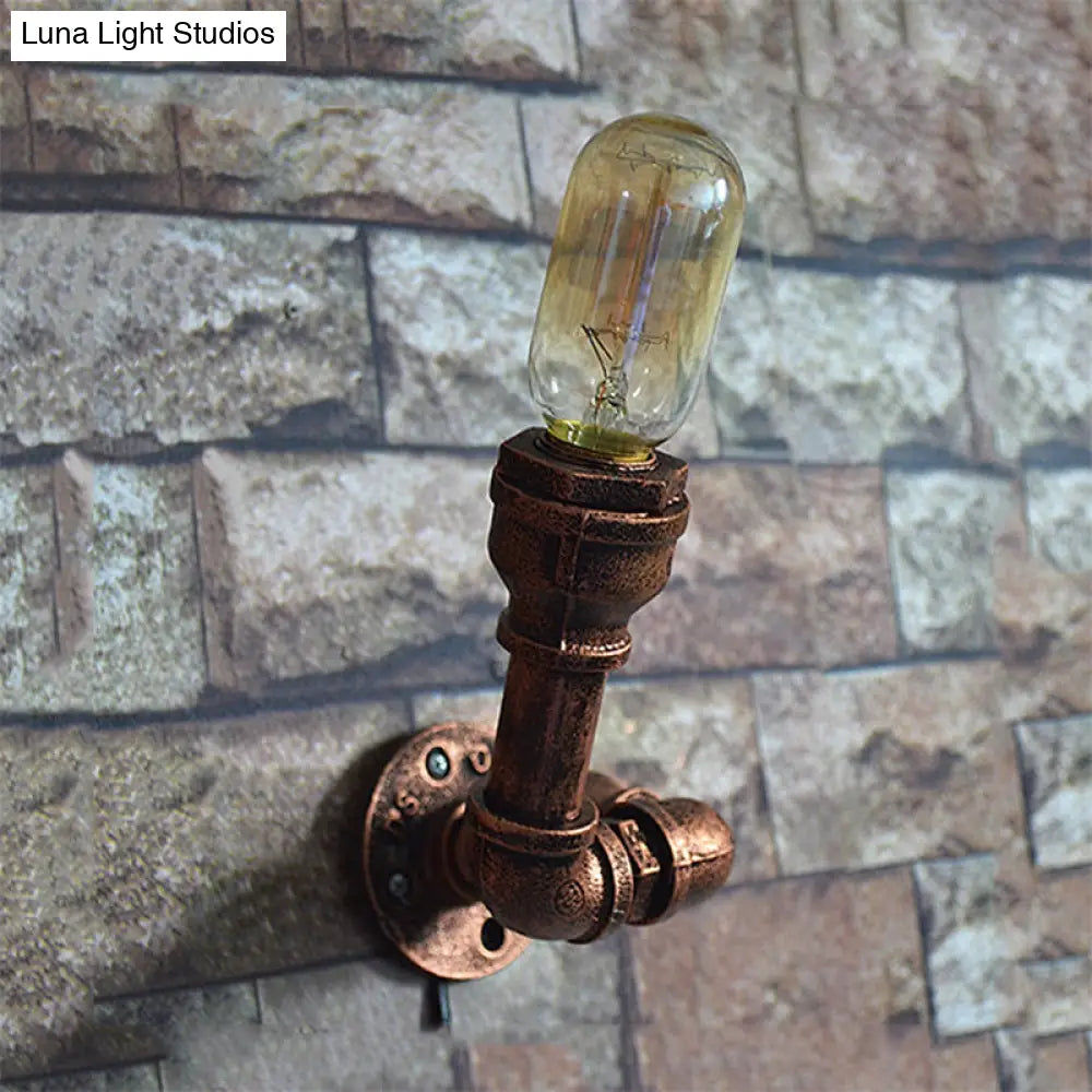 Vintage Metallic Pipe Wall Sconce With Open Bulb - Antique Copper Finish