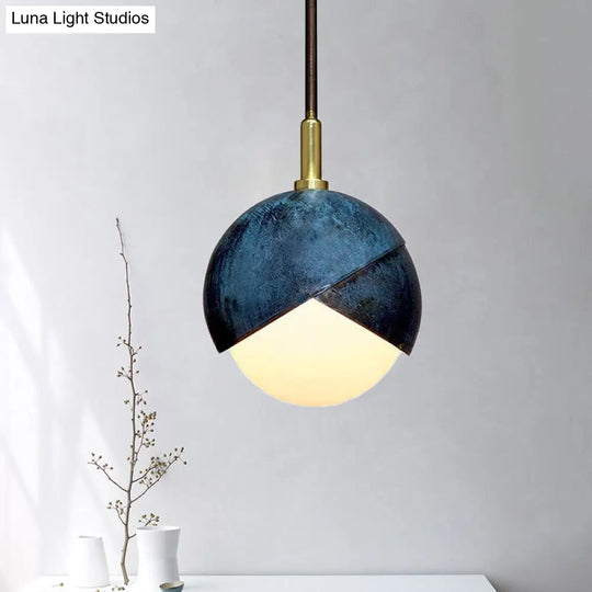 Vintage Milk Glass Mini Pendant Light With Blue Double Dome Cap - Hanging Ceiling Lamp