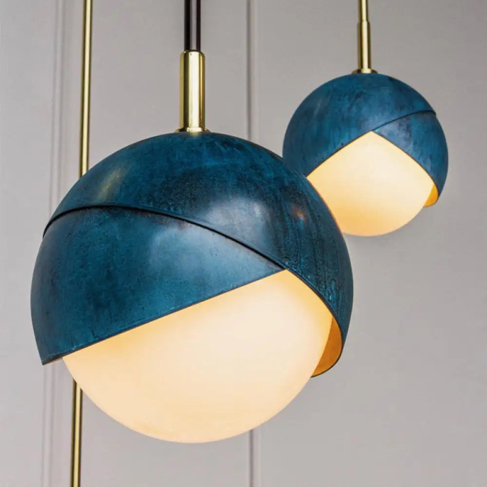 Vintage Milk Glass Pendant Light With Blue Double Dome Cap - Mini Globe Hanging Ceiling Lamp