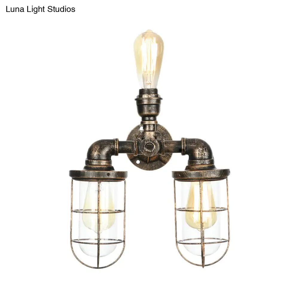 Vintage Nautical Style Wall Sconce With Cage Shade - 3 Heads Water Pipe Mount Antique Brass Finish