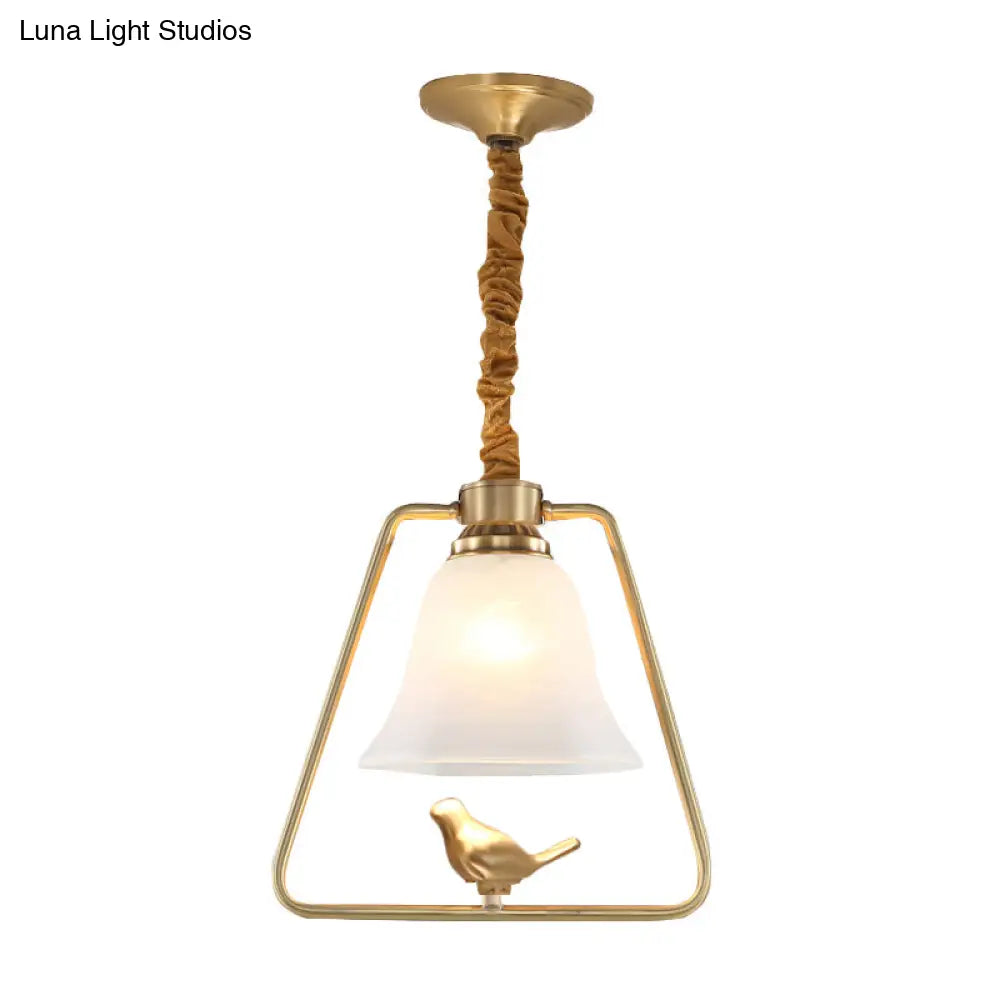 Vintage Opal Glass Hanging Lamp - Gold Frame Pendant Light With Bird Detail Bell Dining Hall