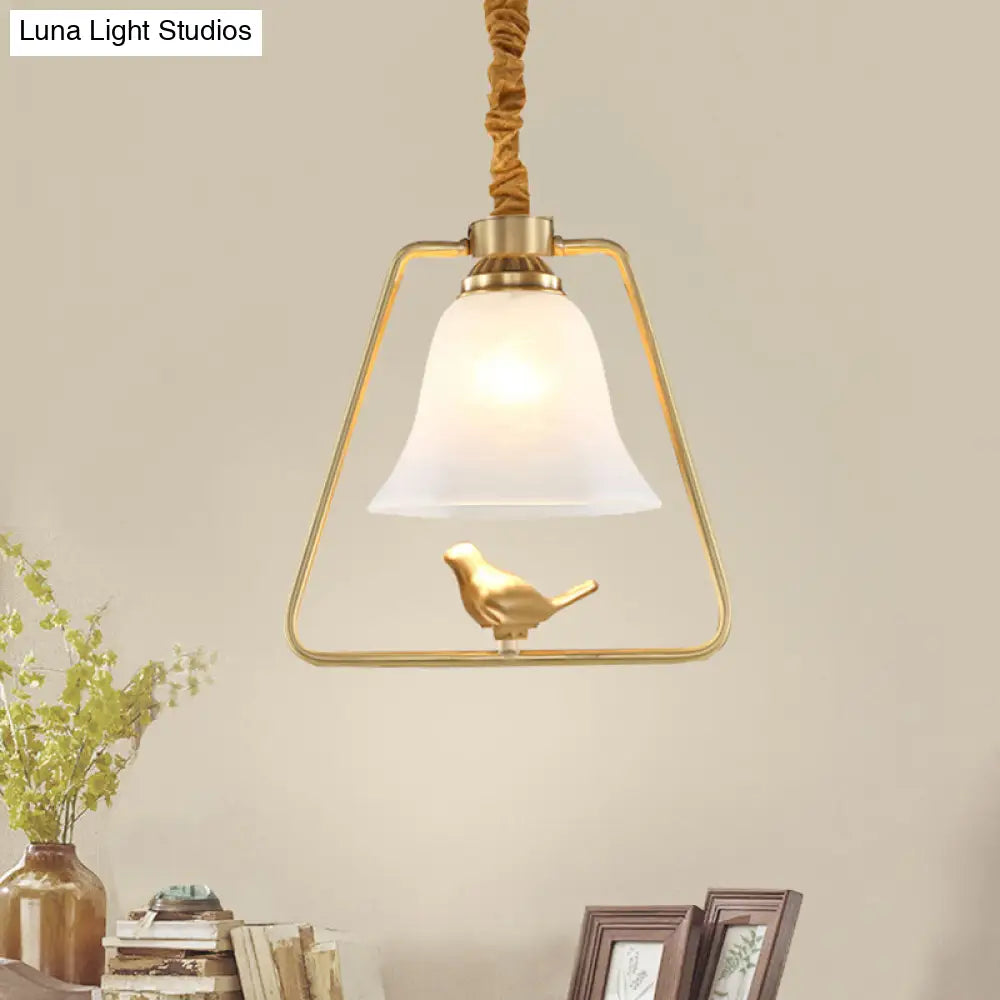 Vintage Opal Glass Hanging Lamp - Gold Frame Pendant Light With Bird Detail Bell Dining Hall