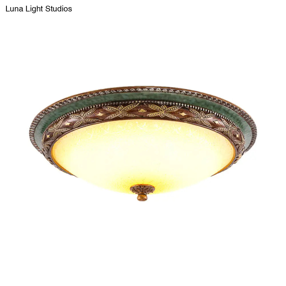 Vintage Opaline Glass Led Ceiling Light In Green/Brown: Shallow Bowl Flush Mount Fixture