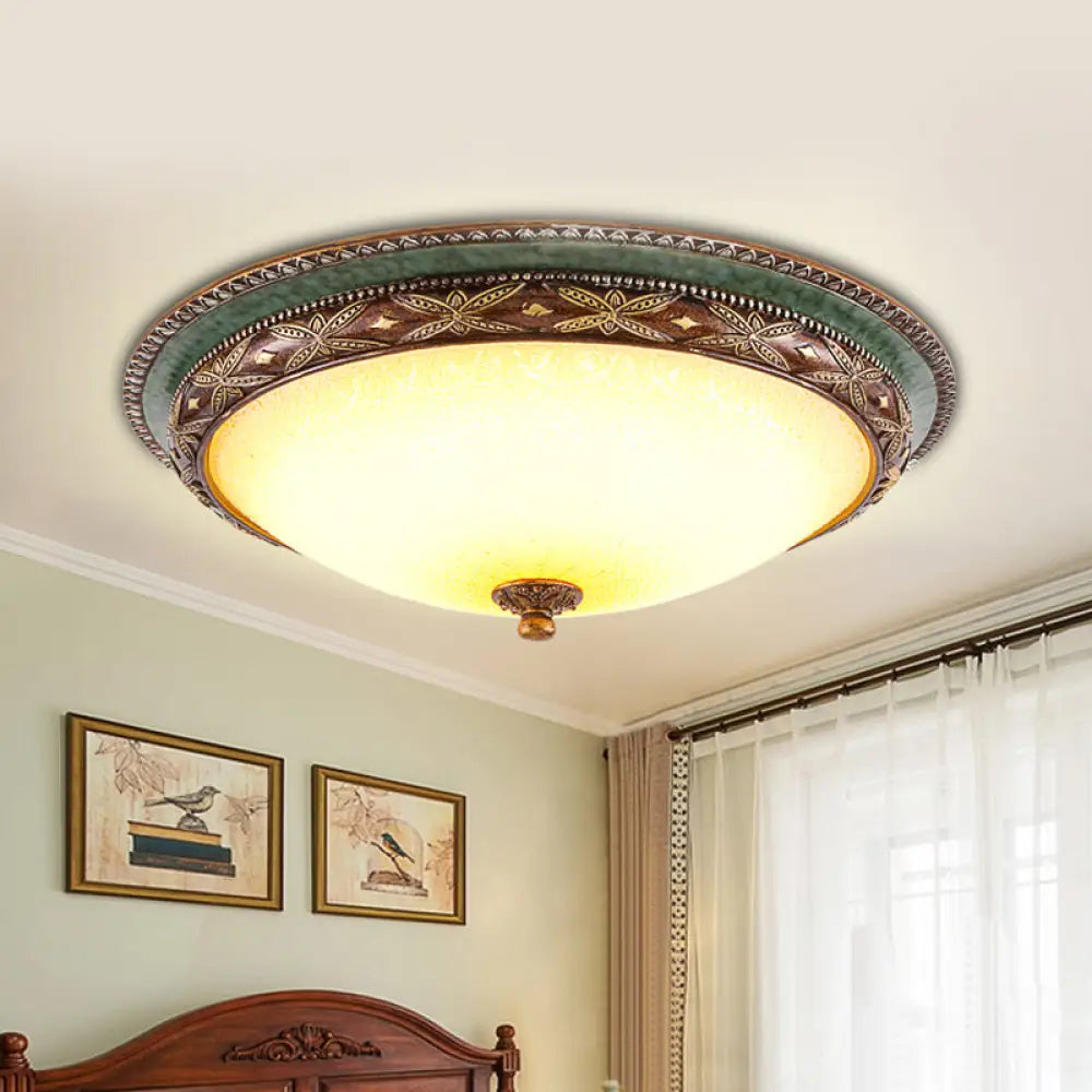 Vintage Opaline Glass Led Ceiling Light In Green/Brown: Shallow Bowl Flush Mount Fixture Green